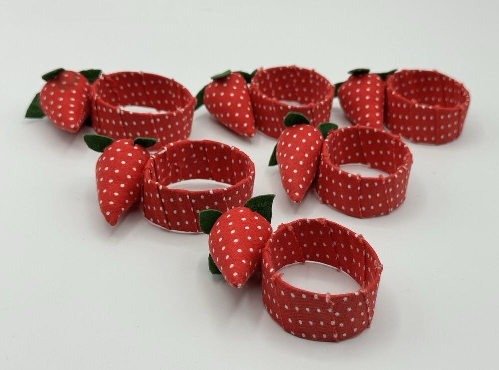 Set of 6 Vintage Red Strawberry w/Leaf Ribbon Napkin Rings Cottagecore Kitch